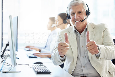 Buy stock photo Businesspeople, thumbs up and happy in call center office with consulting, telemarketing and help with smile. Customer service, manager and tech support or helpful crm agent in online retail company.