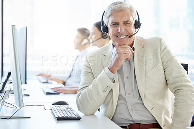 Buy stock photo Happy, portrait and call center with mature man to help in customer support to chat online on computer. Advisor, consultant and contact us in telemarketing phone call for solution and virtual service