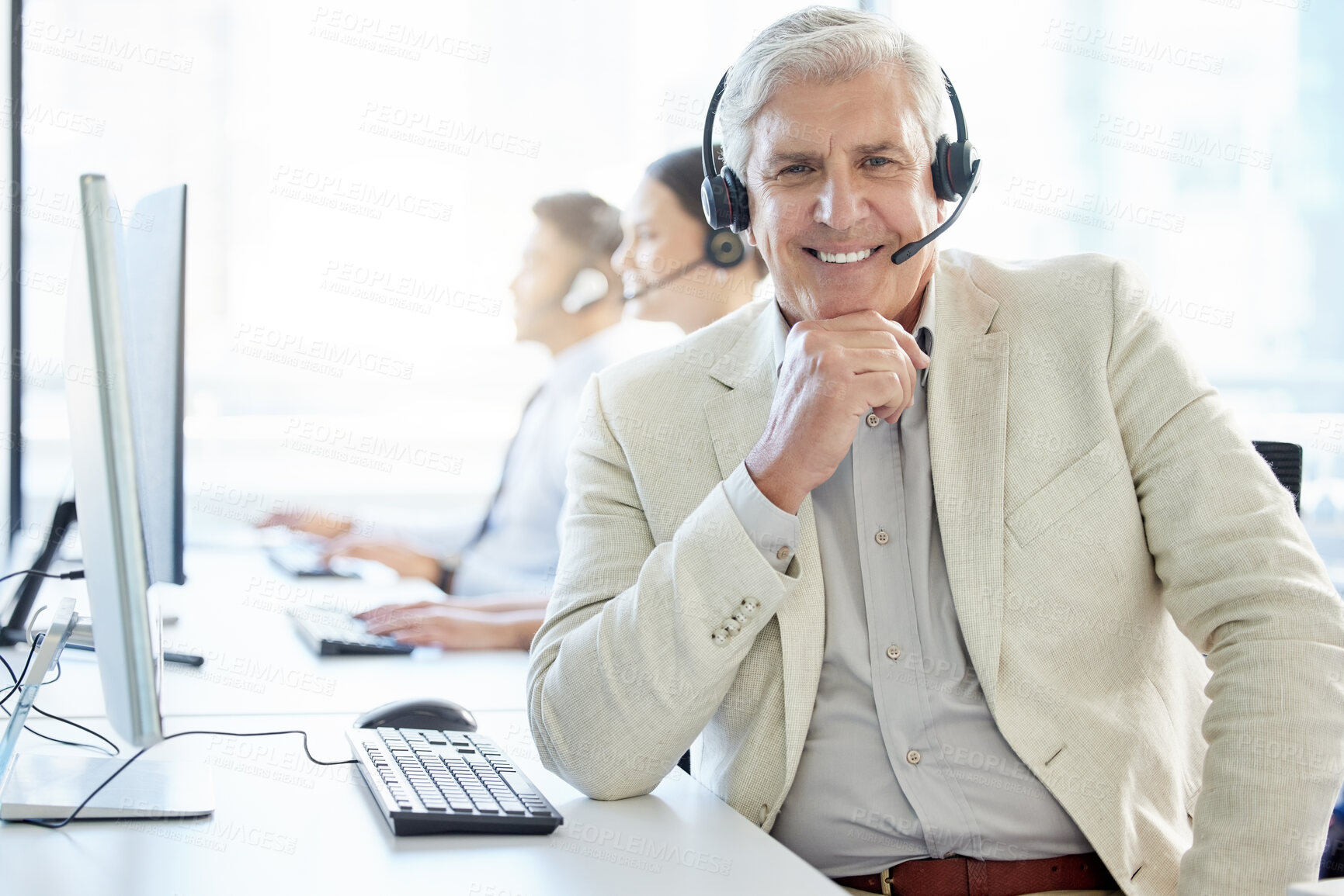 Buy stock photo Happy, portrait and call center with mature man to help in customer support to chat online on computer. Advisor, consultant and contact us in telemarketing phone call for solution and virtual service