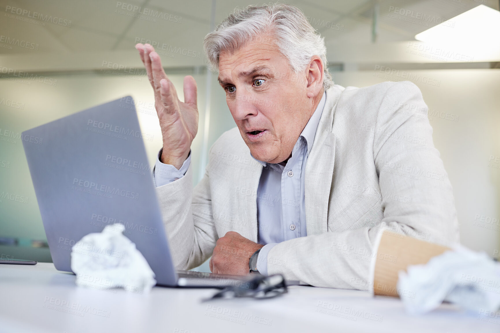 Buy stock photo Mature, man and angry at computer with stress from online, glitch, mistake or problem with internet. Frustrated, businessman and confused with error, email and fail in connection and review on laptop