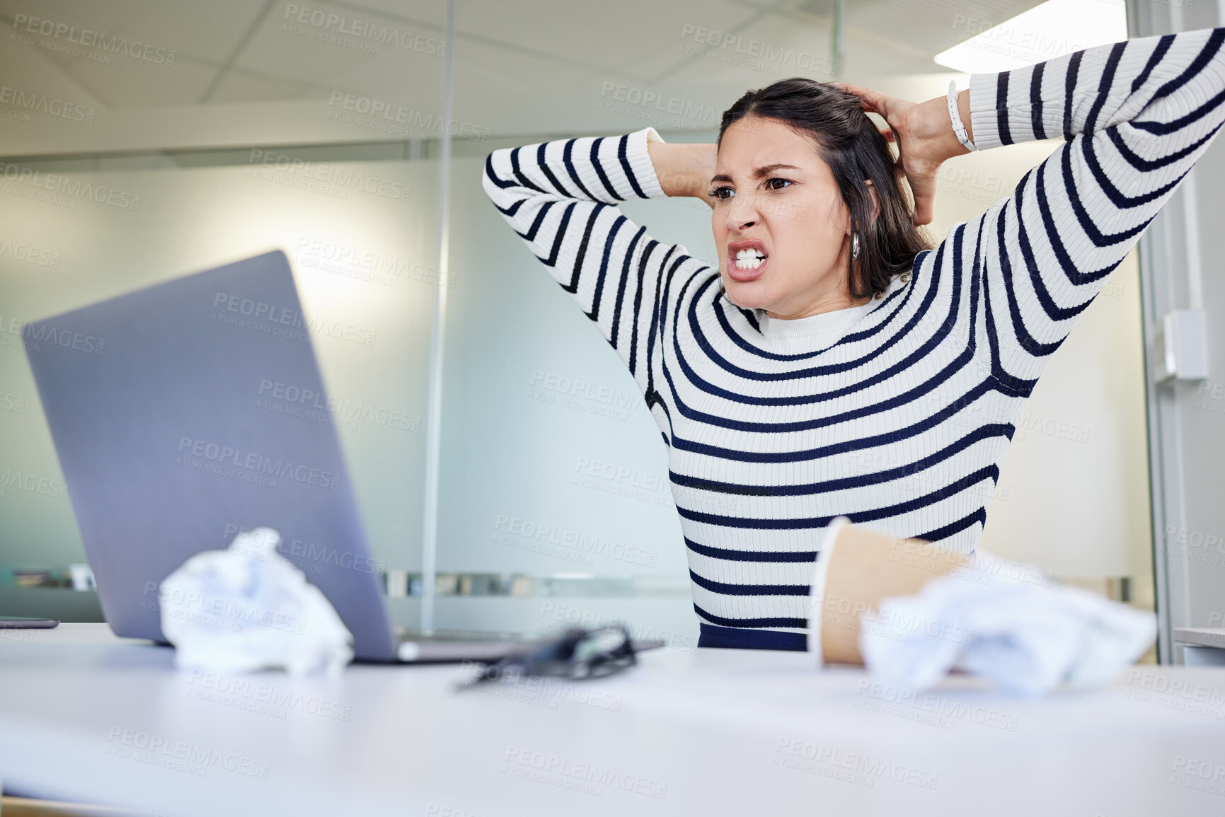 Buy stock photo Angry, woman and frustrated at computer with stress from online glitch, mistake or internet problem. Mad, person or anger for error, email and laptop connection fail or delete work on accident