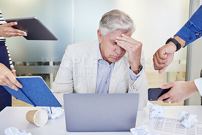 Buy stock photo Businessman, office and multitasking with chaos or working with laptop, burnout and overwhelmed at job. Male person, company and colleagues with report, stress with headache and poor mental health