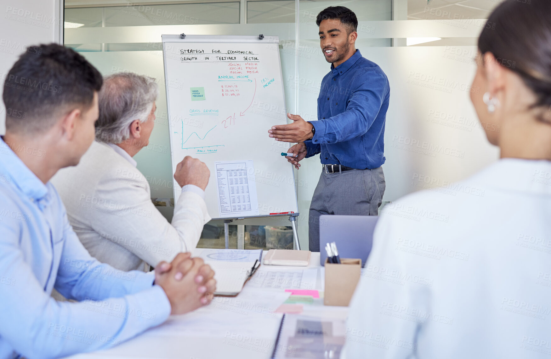 Buy stock photo Presentation, businessman and whiteboard for team solution, question or brainstorming in meeting. Board, leader and planning finance strategy, data and economist coaching on graph in conference room