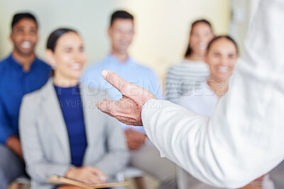 Buy stock photo Shot of an unrecognizable businessperson talking during a meeting at work