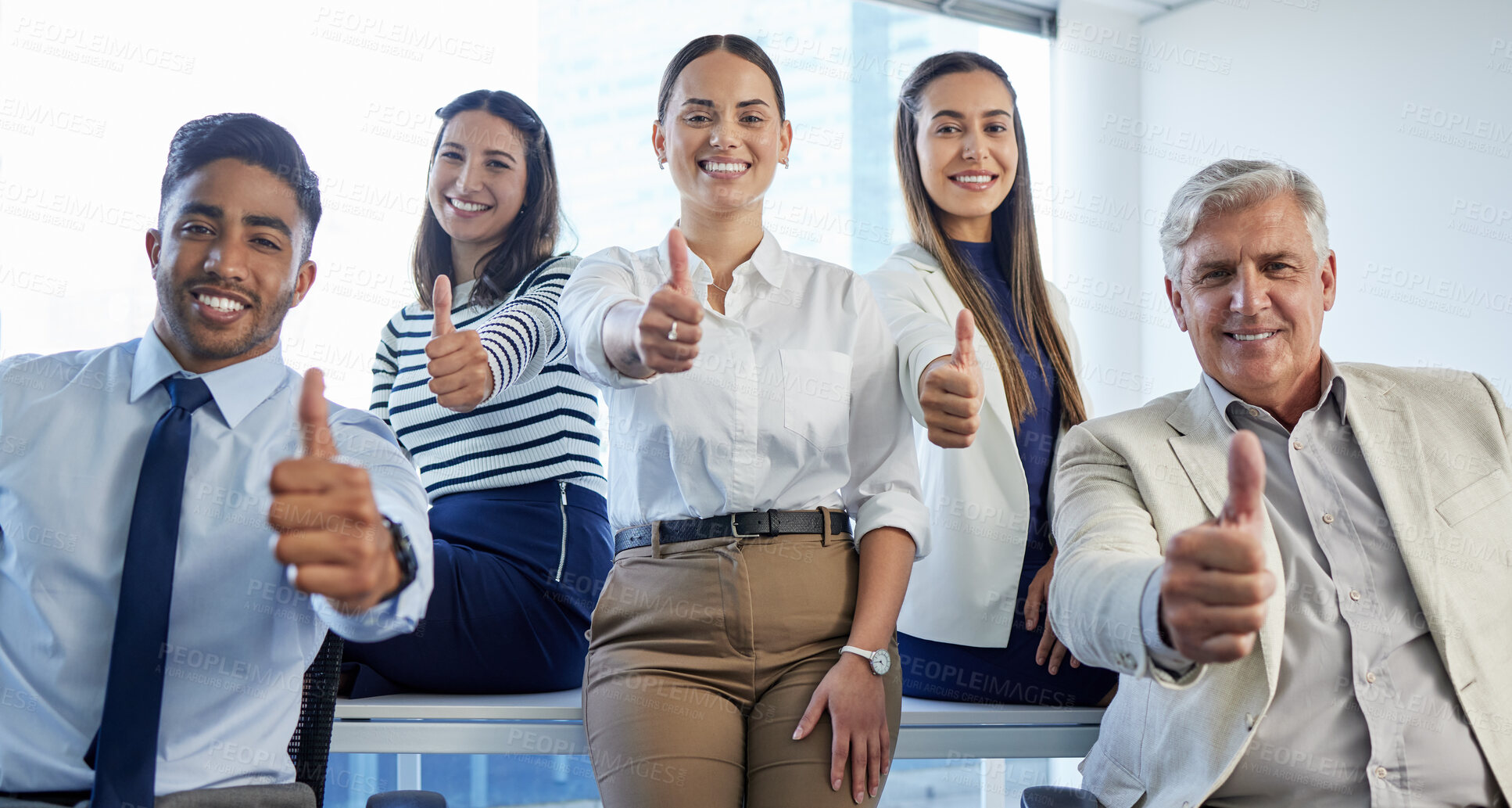 Buy stock photo Business people, teamwork and thumbs up in office portrait for agreement, motivation or diversity. Men, women and together with yes, icon and emoji in solidarity, smile or support at finance agency