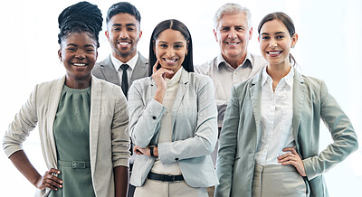 Buy stock photo Cropped portrait of a diverse group of corporate businesspeople standing in their office