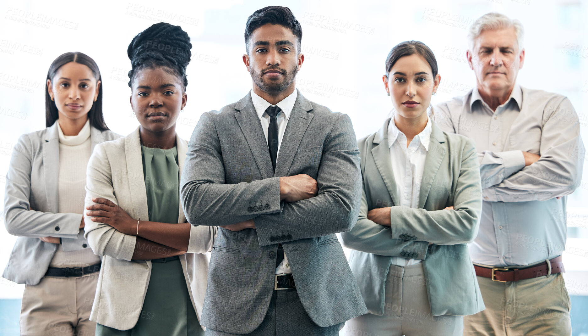 Buy stock photo Male leader, confident and team diversity in portrait in office, solidarity and support or serious. Agency, corporate group and community in workplace for human resources, recruitment or coworking