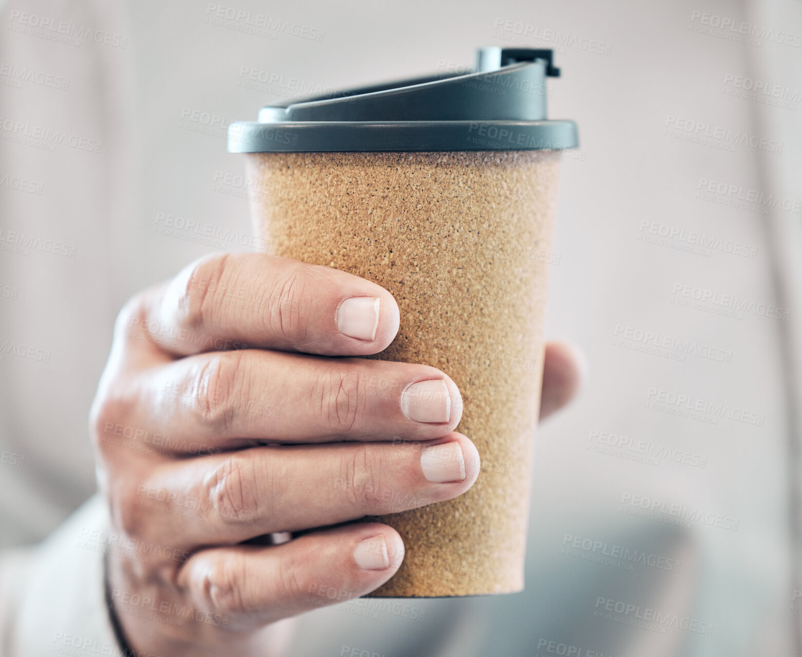 Buy stock photo Reusable, cup and eco friendly coffee in hand with sustainable takeaway espresso in morning. Sustainability, closeup and travel mug with latte or tea for person in office or home to drink beverage