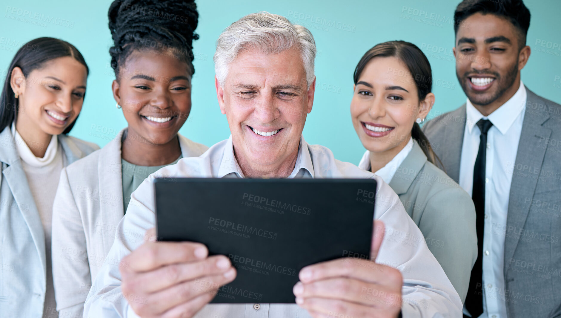 Buy stock photo Business, people and tablet for selfie in studio, professional coworkers and profile picture for teamwork together for blog. Blue background, collaboration and employees, social media and support