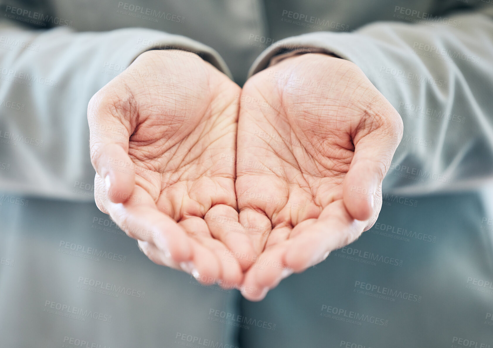 Buy stock photo Poverty, man and hands to care for offer with help, charity and support from community by donations for hope. Poor, person and palms with asking gesture, thank you and prayer, gratitude and faith