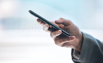 Buy stock photo Phone, hand and communication with a business person typing a text message or email on a blurred background. Mobile, contact and networking with an employee browsing social media or texting closeup