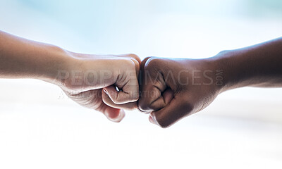 Buy stock photo Fist bump, partnership and thank you with business people in agreement over a deal during a b2b meeting. Trust, support and collaboration with diverse colleagues greeting to say welcome while meeting