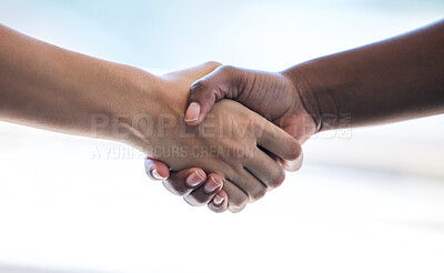 Buy stock photo Handshake, partnership and trust with business people in agreement over a deal during a b2b meeting. Thank you, support and collaboration with colleagues shaking hands to say welcome while meeting