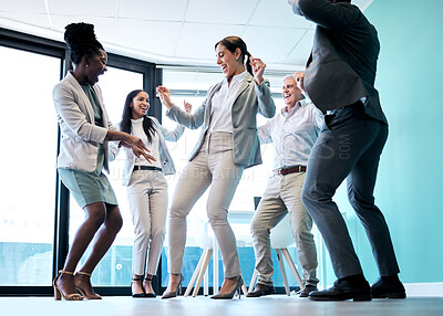 Buy stock photo Business people, diversity and dancing for team building, celebration or corporate event at office. Happy group of employees dance in fun teamwork, collaboration or winning together at the workplace