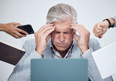Buy stock photo Mature businessman, stress and overwhelmed by work, phone call and time management in professional company. Senior man, anxiety and frustrated working ceo, manager or entrepreneur multitasking
