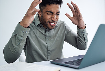 Buy stock photo Stress, angry or business man on laptop for disaster, financial crisis or reading bankruptcy email in office. Frustrated professional, annoyed and anxiety for debt, tax or consultant with mistake