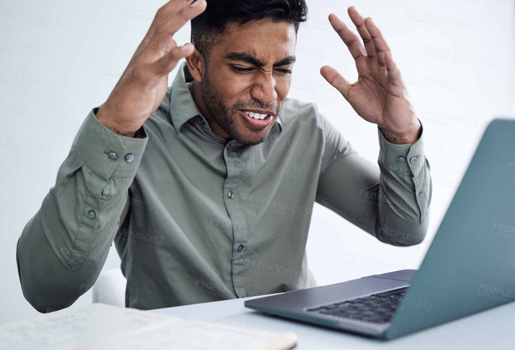 Buy stock photo Stress, angry or business man on laptop for disaster, financial crisis or reading bankruptcy email in office. Frustrated professional, annoyed and anxiety for debt, tax or consultant with mistake