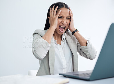 Buy stock photo Stress, screaming and business woman on laptop for disaster, financial crisis or reading bankruptcy email in office. Angry, depression and professional shout for debt, tax or agent frustrated at fail