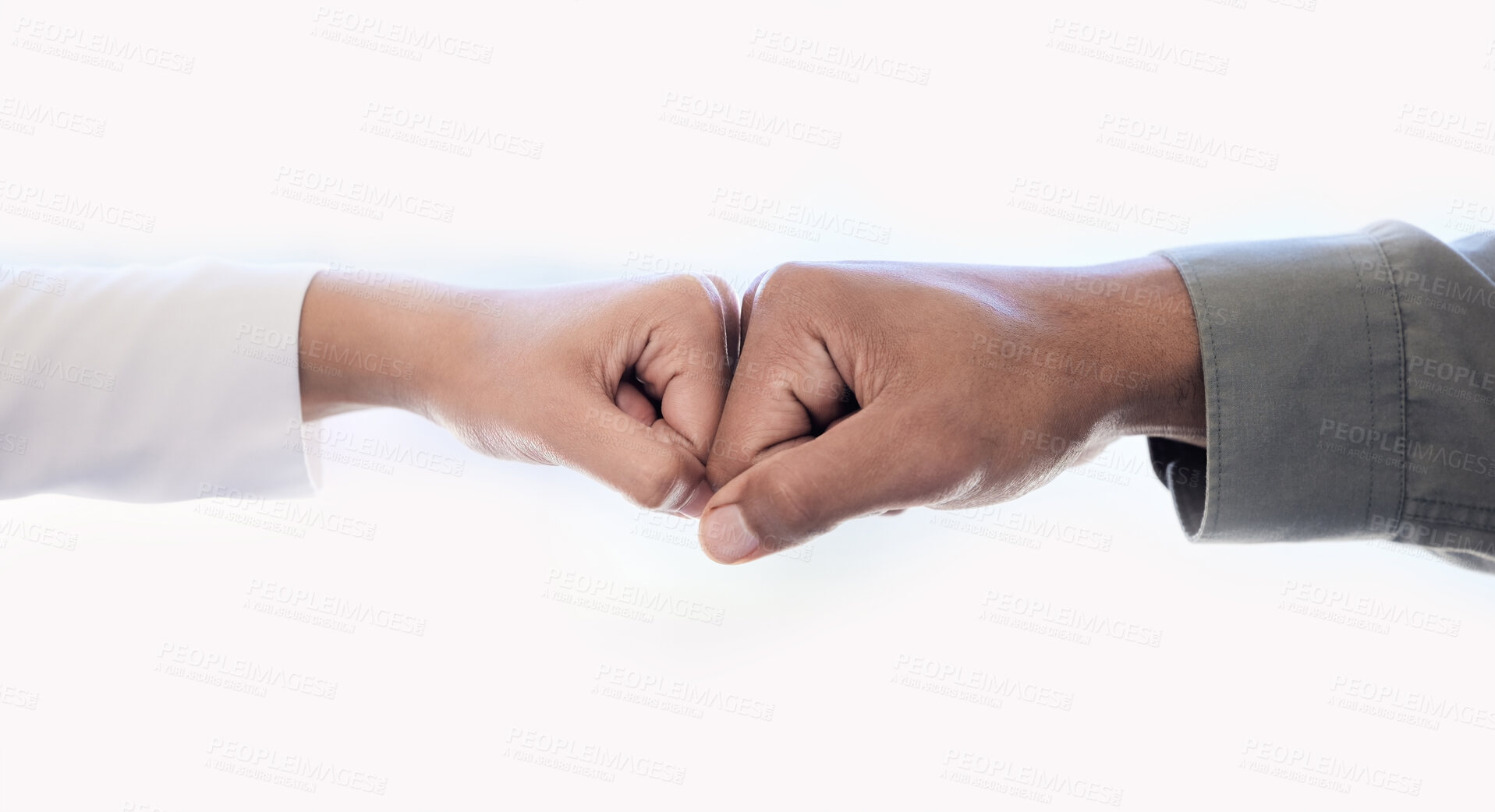 Buy stock photo Business people, fist bump and meeting with agreement in deal, partnership or greeting on a white studio background. Closeup of employees or colleagues touching in teamwork, thank you or introduction