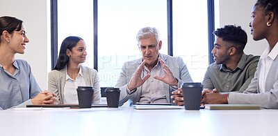 Buy stock photo Teamwork, mentor and ceo with business people in meeting for planning, diversity and feedback. Collaboration, agenda and growth with employees in office for conversation, conference and strategy