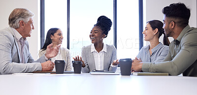 Buy stock photo Teamwork, planning and strategy with business people in meeting for conference, diversity and feedback. Collaboration, agenda and growth with employees in office for conversation and brainstorming