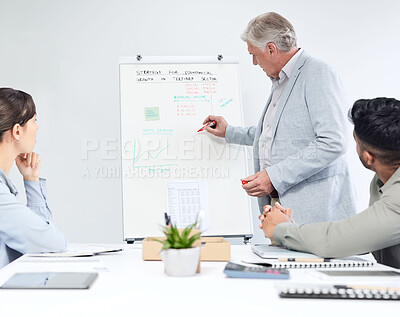 Buy stock photo Presentation, writing and whiteboard of business man, manager or senior leader for finance, statistics and growth charts. Mentorship, increase and budget with ceo speaking to people or training staff