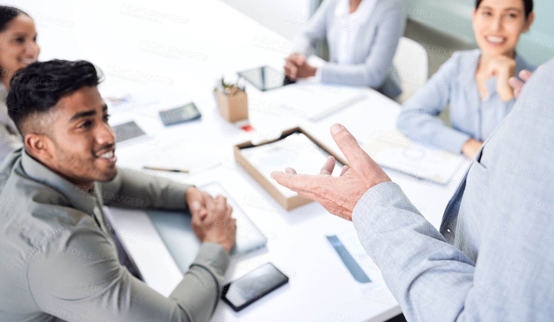 Buy stock photo Presentation, speaker and business people listening to manager, boss or presenter talking, sales and proposal. Happy women, men and leader hands in discussion, training and meeting update or agenda