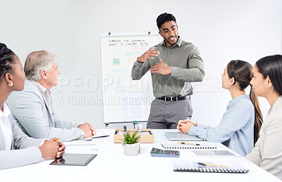 Buy stock photo Presentation, man speaker and business meeting with team, market research and economy strategy workshop. People at training seminar, leadership and brainstorming collaboration at finance firm