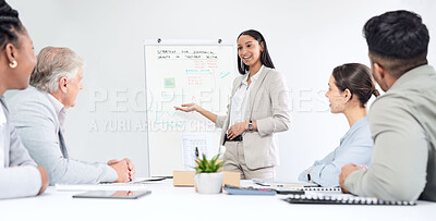 Buy stock photo Presentation, woman speaker and team in meeting with market research and economy strategy workshop. Business people at training seminar, leadership and brainstorming collaboration at finance firm