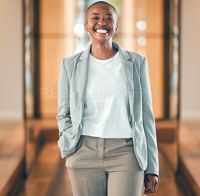 Buy stock photo Portrait, lawyer and black woman smile for business in company office. Confidence, law and happy professional, entrepreneur or attorney in South Africa with pride for career, job and success mindset