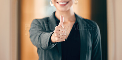 Buy stock photo Hand, thumbs up and business woman show support, thank you and smile in office for success in agreement. Like, gesture and sign for feedback, review and vote winner with yes emoji on social media