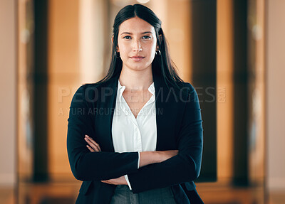 Buy stock photo Business, woman and arms in a serious portrait at the office for career as entrepreneur in company. Female professional, focus and face with arm as leader in a workplace for job with employee.