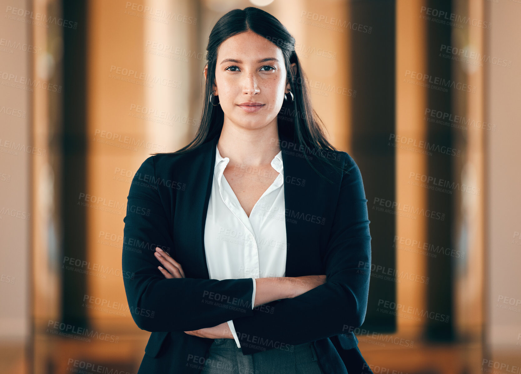 Buy stock photo Business, woman and arms in a serious portrait at the office for career as entrepreneur in company. Female professional, focus and face with arm as leader in a workplace for job with employee.