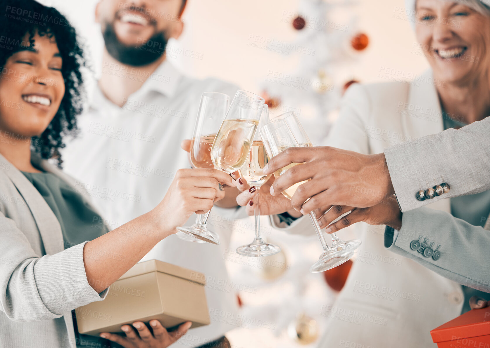 Buy stock photo Hands, toast or business people in Christmas party in celebration of target or success, support or growth. Champagne, Xmas bonus or cheers with team, wine or group of friends at work for winning goal