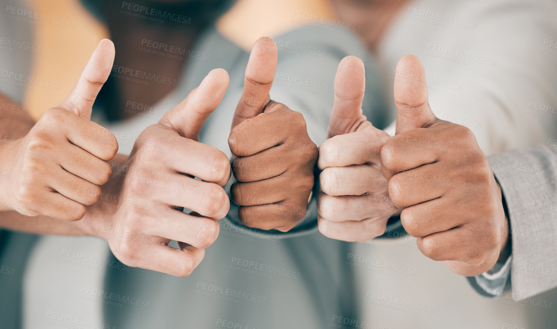 Buy stock photo Business people, hands and thumbs up for thank you, good news and success at recruitment interview in office. Corporate group, team building and hiring with agreement emoji for triumph and victory