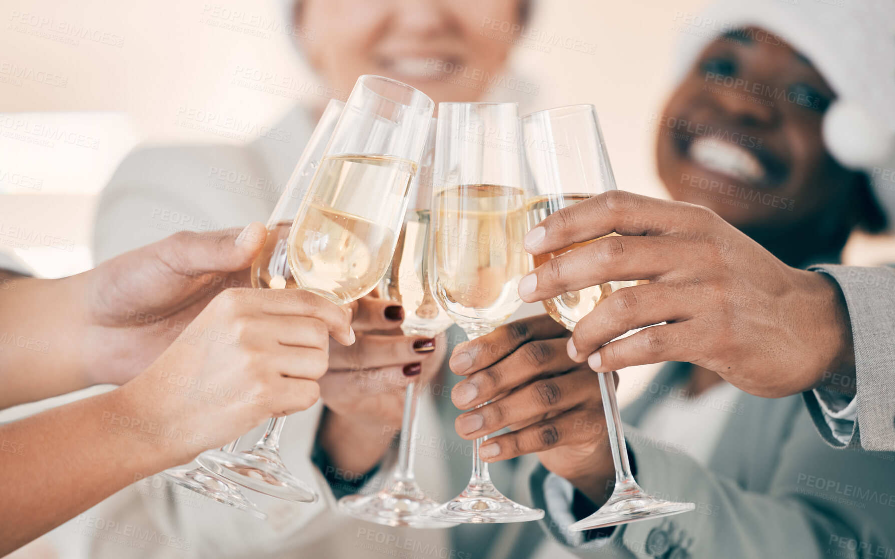 Buy stock photo Hands, toast or happy business people in Christmas party in celebration of target or success or growth. Champagne, xmas bonus or cheers with team, wine or group of friends at work for winning goal