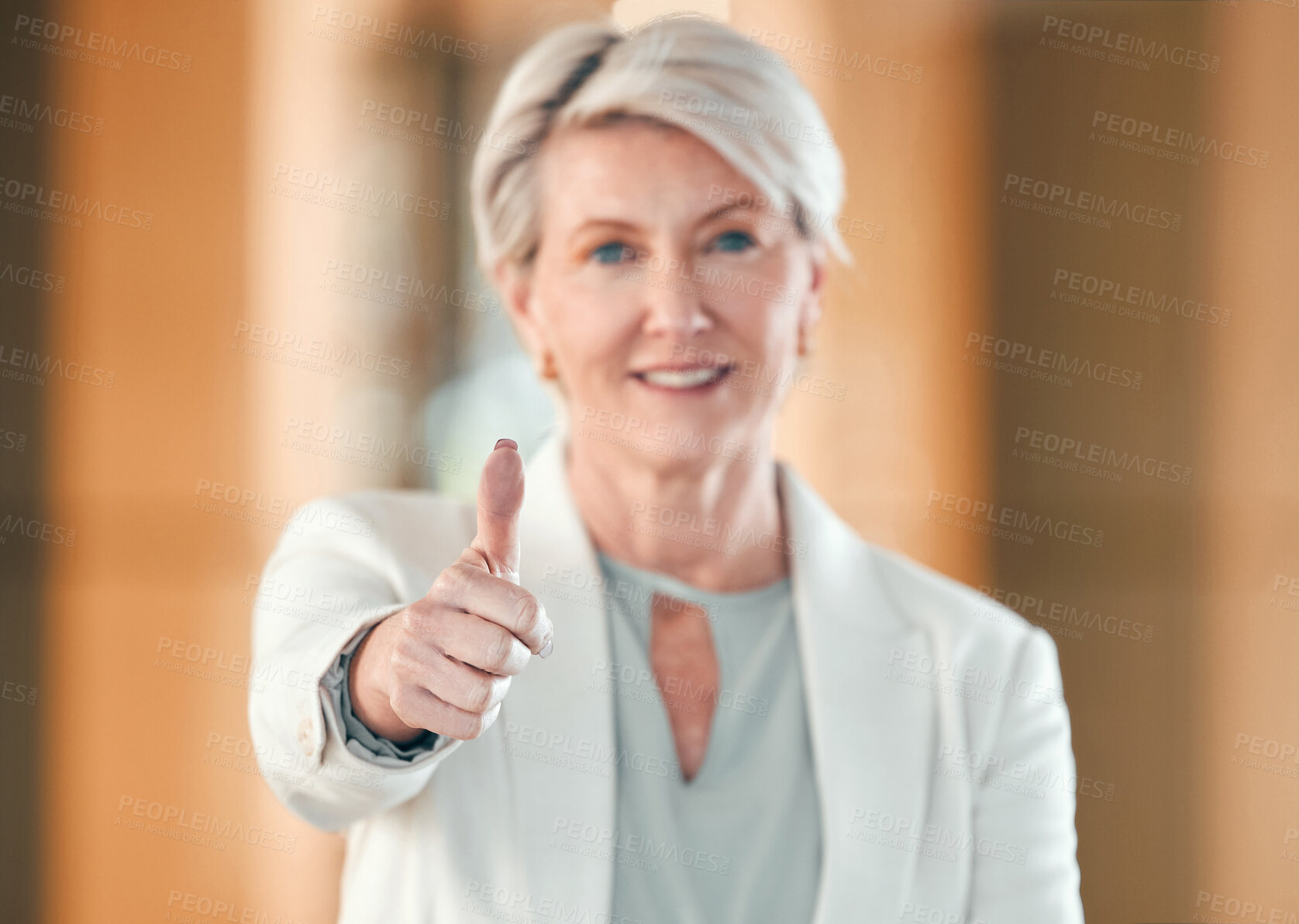 Buy stock photo Hand, thumbs up and mature business woman in office to show support, thank you and smile for success of manager. Like gesture, portrait and sign for feedback, review and vote winner with yes emoji