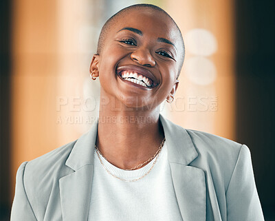 Buy stock photo Portrait, accountant and happy black woman for business in company office. Face, smile and professional, entrepreneur and auditor from South Africa with pride for career, job and success mindset.