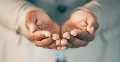 Buy stock photo Hands, charity and palms of person for support, giving and hope for growth. Man, donation and hand gesture for kindness with help, community and gratitude or cupping for thank you, aid and poverty