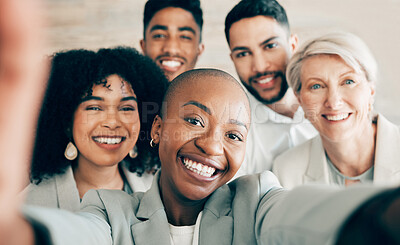 Buy stock photo Selfie, business and smile for company diversity, team collaboration and professional happiness in workplace. Group, people and portrait for about us web post on social media, website or black woman