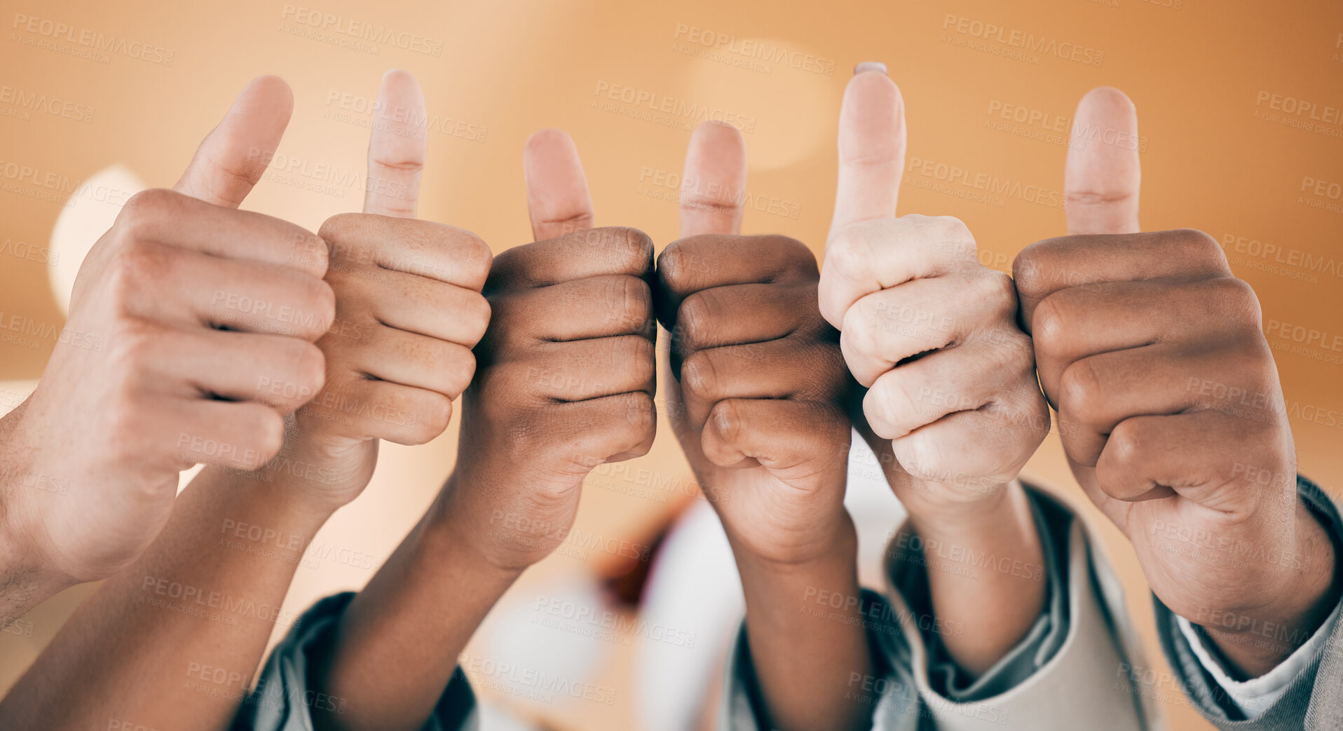 Buy stock photo Business people, hands and thumbs up for thank you, good job and welcome gesture for recruitment in office. Corporate group, team building and community vote for hiring, victory and achievement