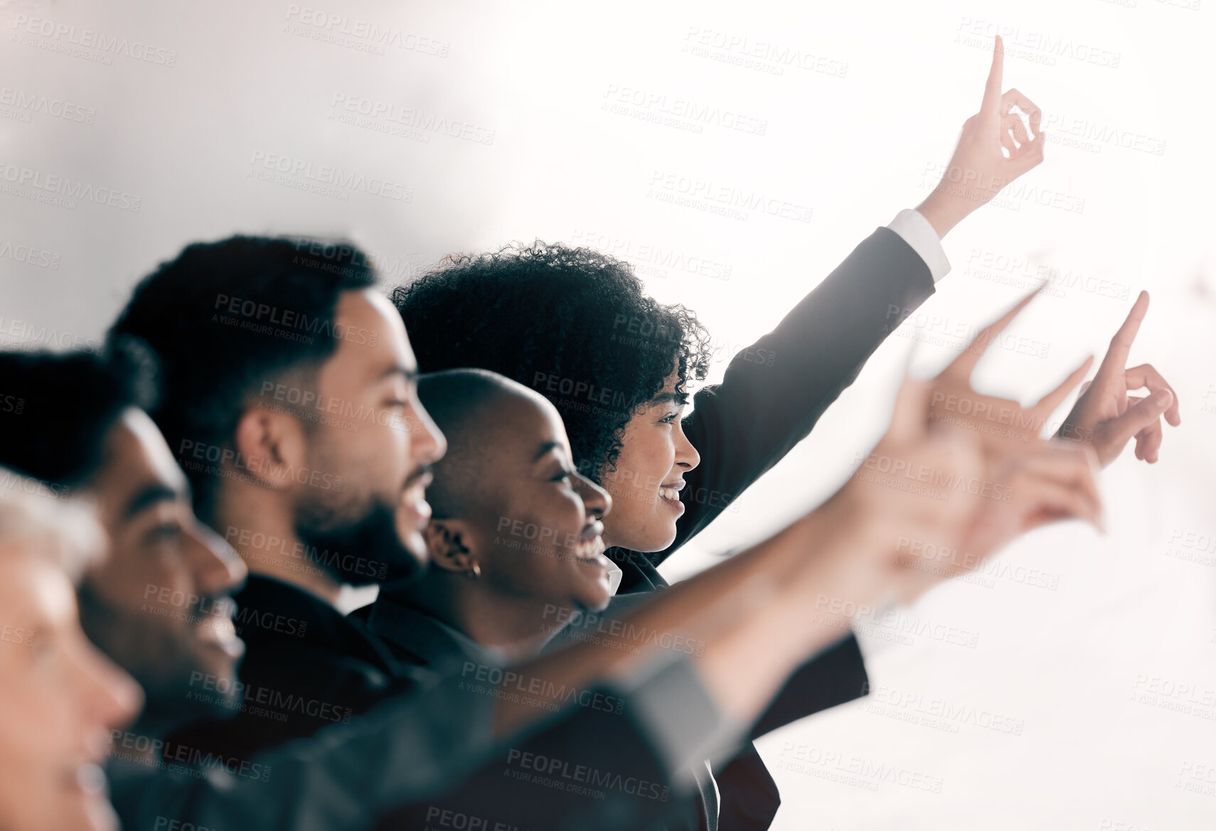 Buy stock photo Question, hands up and business people in meeting for feedback in presentation, workshop and training. Asking, audience and new employees in line for corporate seminar, participation and conference