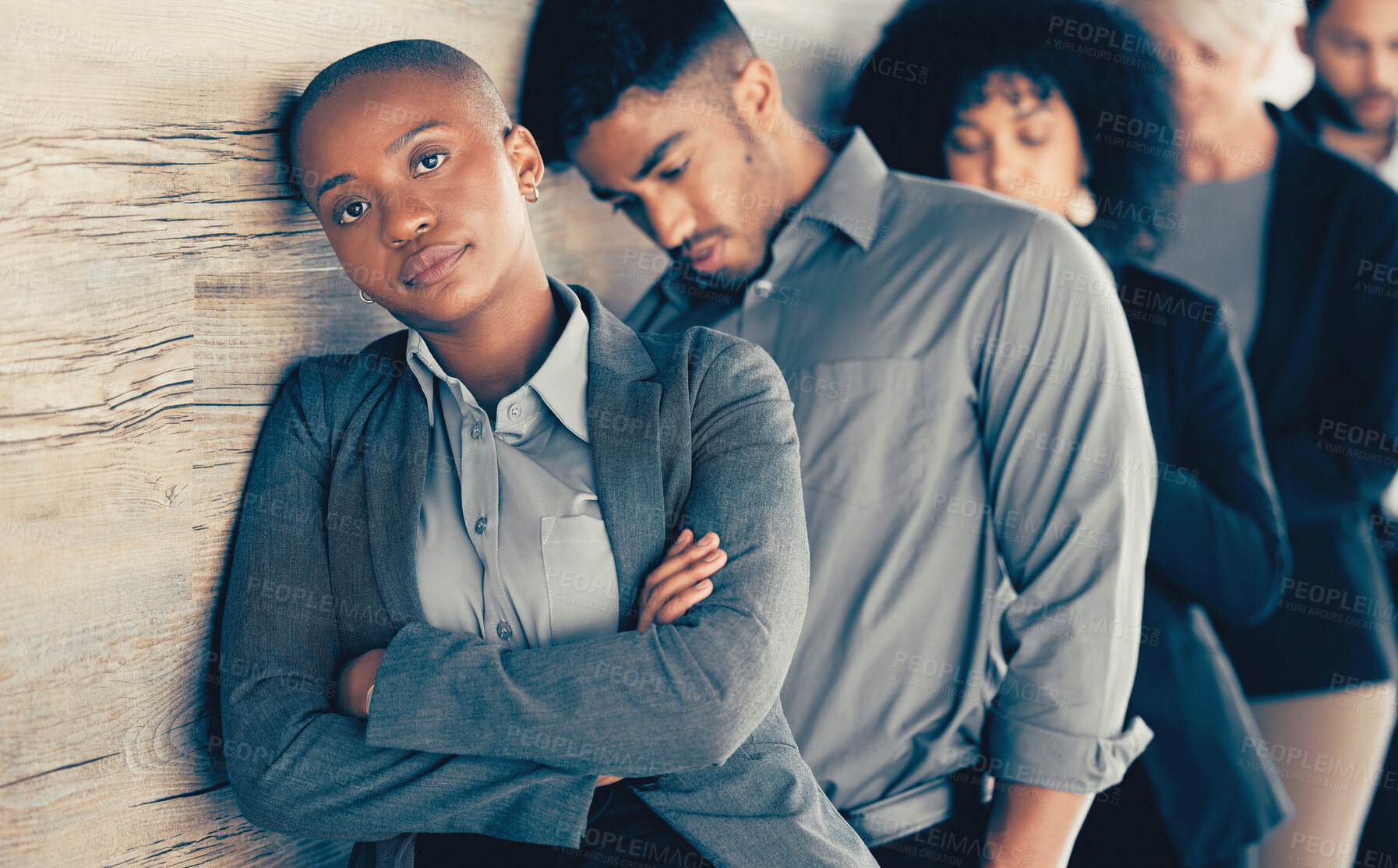 Buy stock photo Tired, queue and woman in waiting room with people for job interview, recruitment or hiring. Human resources. frustrated person and group of candidates for onboarding, employment or appointment