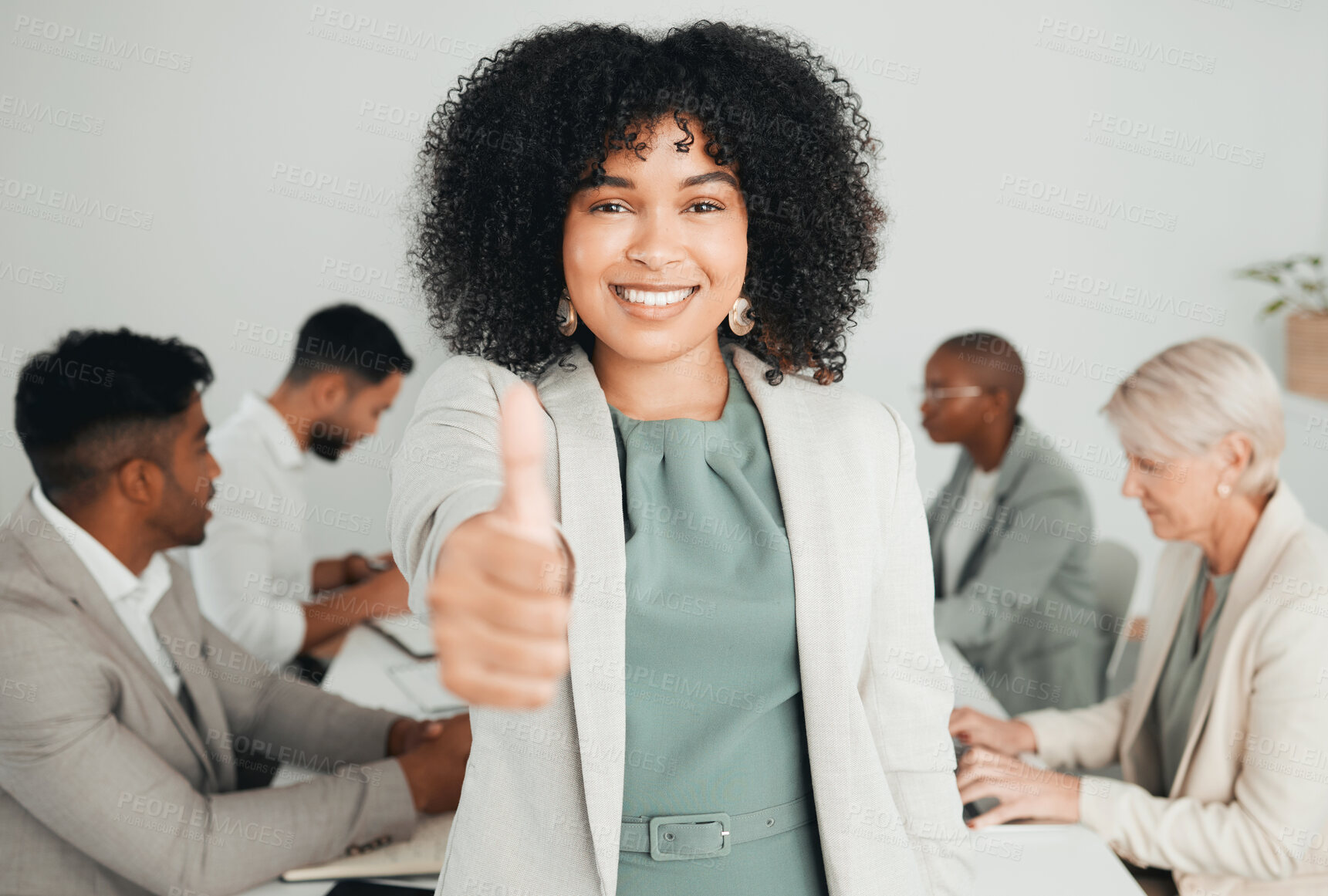 Buy stock photo Thumbs up, portrait and businesswoman in office for success, strategy and meeting with team. Achievement, coaching and African female person in conference room for webinar and online for convention 