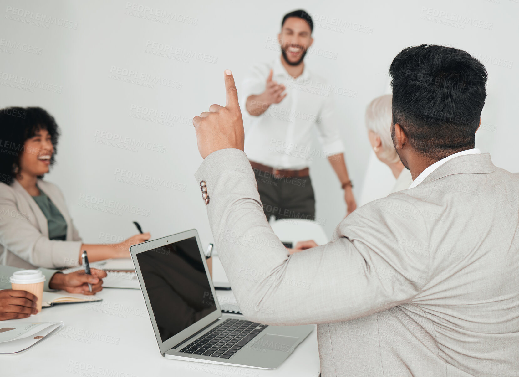 Buy stock photo Hands up, teaching or business people in presentation or meeting asking questions for answer or ideas. Teamwork, faq or employees participation in group discussion for problem solving or solution