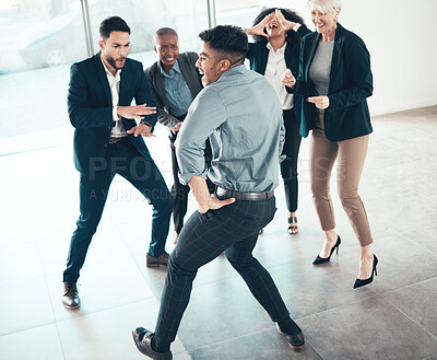 Buy stock photo Dancing, diversity and team of business people in office for celebration of collaboration achievement. Happy, bonding and colleagues with energy for groove with corporate goals and success together.