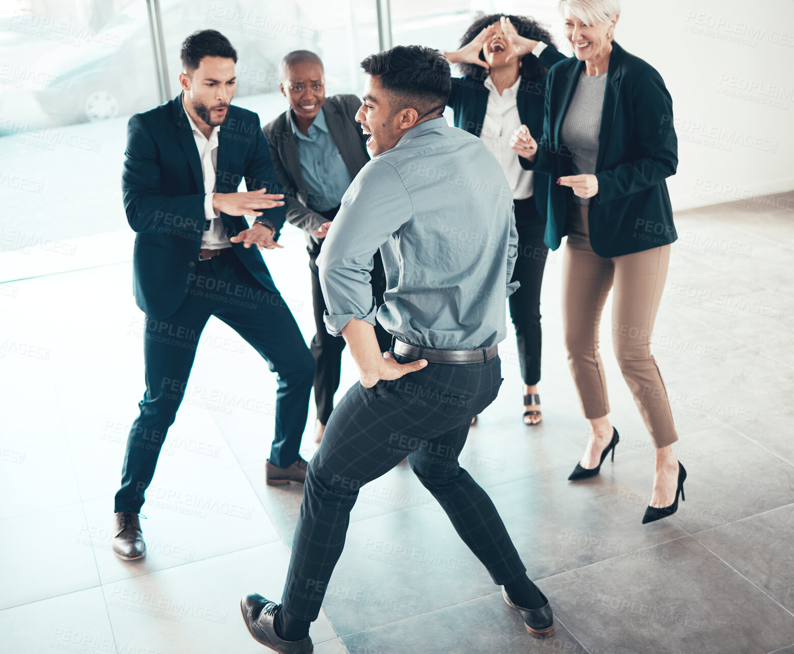 Buy stock photo Dancing, diversity and team of business people in office for celebration of collaboration achievement. Happy, bonding and colleagues with energy for groove with corporate goals and success together.