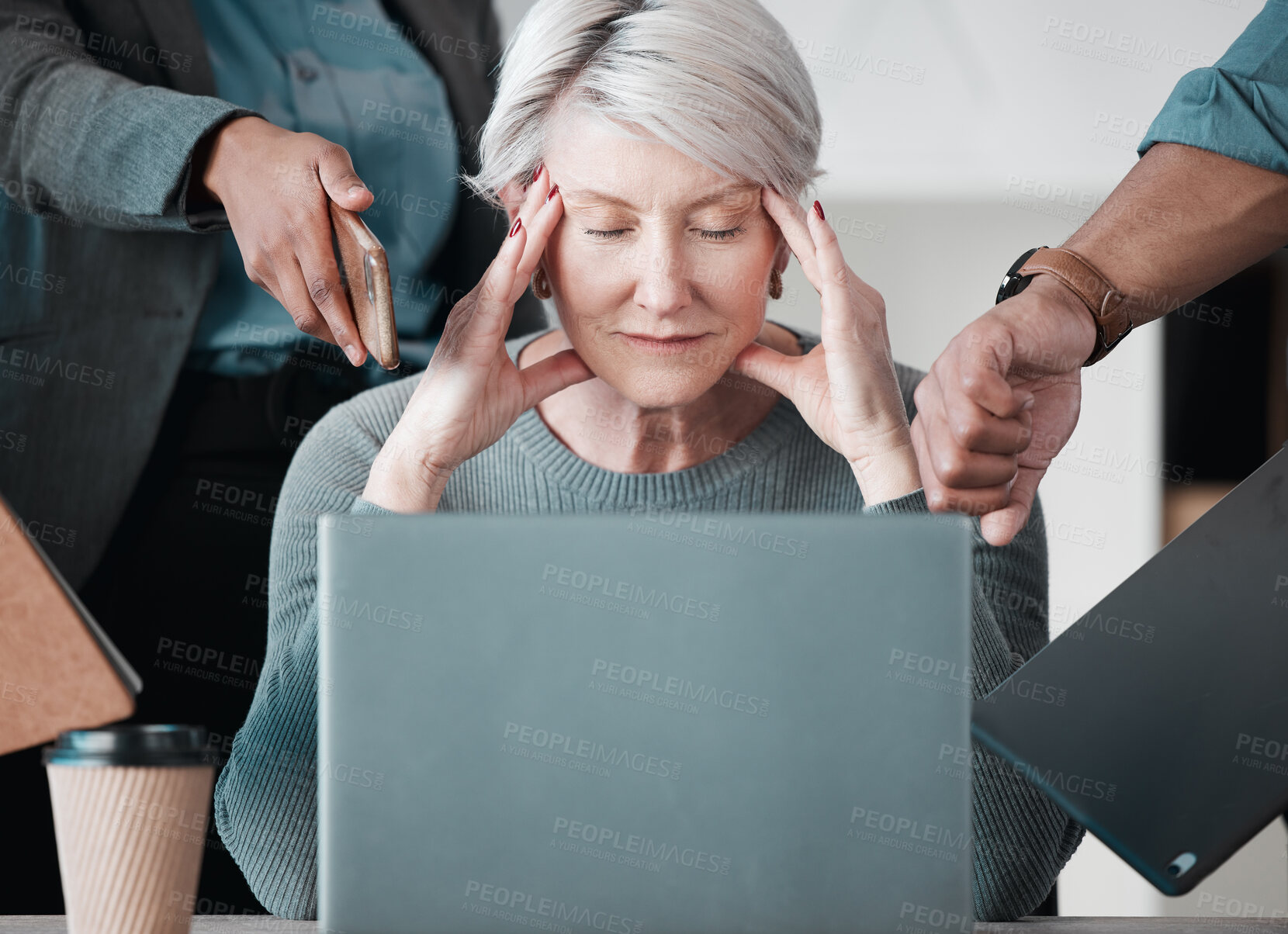 Buy stock photo Mature woman, business and multitasking with stress from team pressure, deadline or time management. CEO, headache and employee hands with phone call, late or burnout in office with migraine or chaos