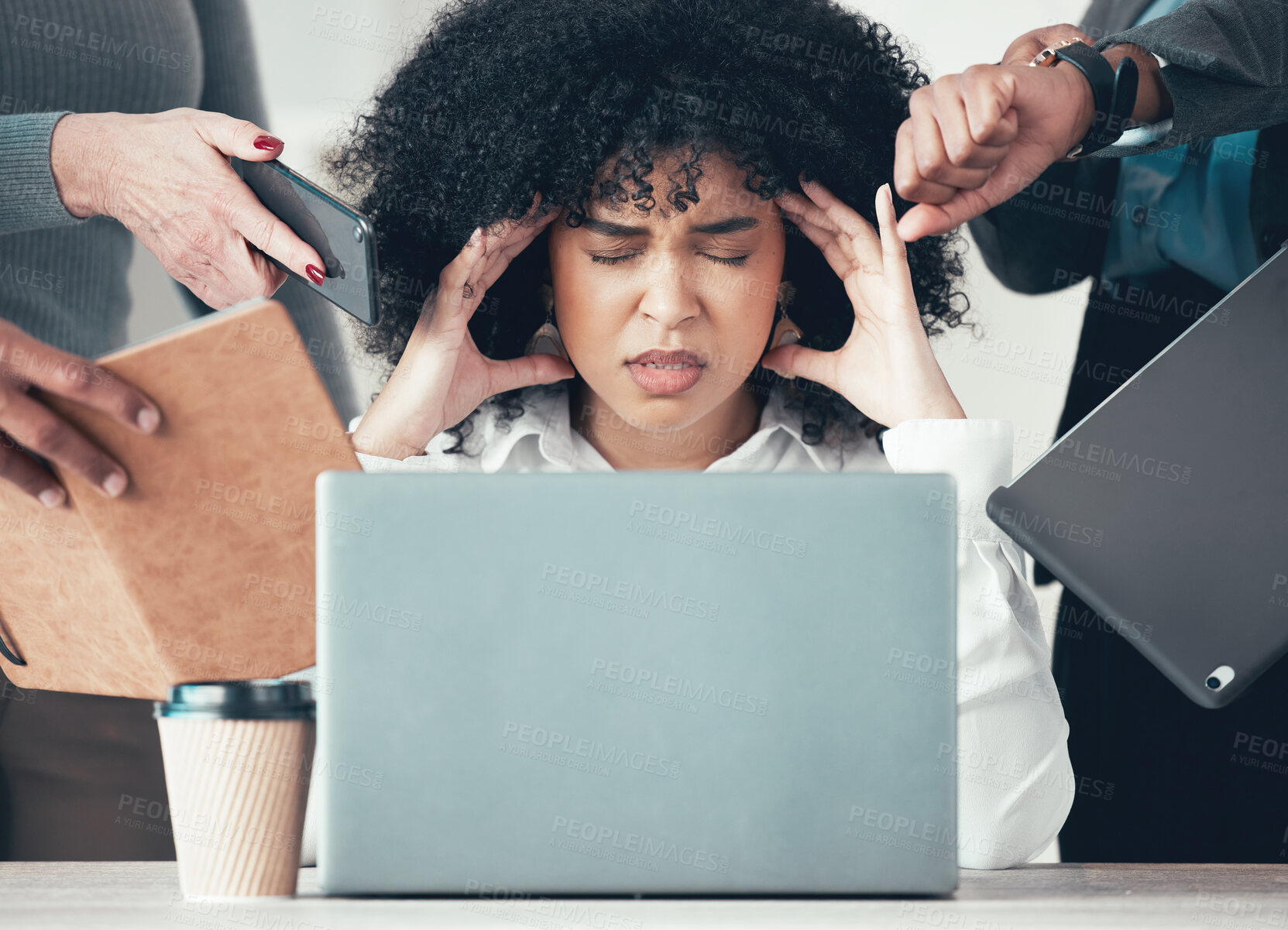 Buy stock photo Hands, laptop or stress and business woman in office to multitask with burnout for deadline. Computer, headache and pressure with frustrated employee at desk in workplace for compliance management