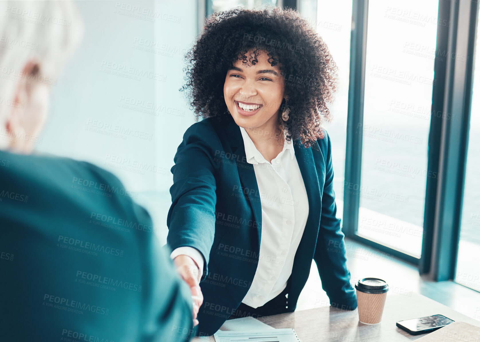 Buy stock photo Business people, staff and handshake in meeting, collaboration and agreement with negotiation. Woman, employee or coworkers shaking hands, cooperation or teamwork with partnership, smile and contract